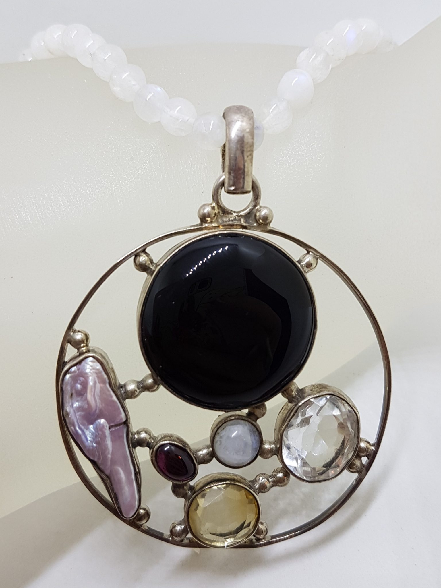 Sterling Silver Large Round Cluster Pendant with Onyx, Clear Quartz, Pearl, Moonstone, Garnet and Citrine on Rose Quartz Bead Necklace