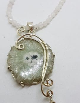 Sterling Silver Long Ornate Solar Quartz with Citrine Pendant on Silver Bead Chain