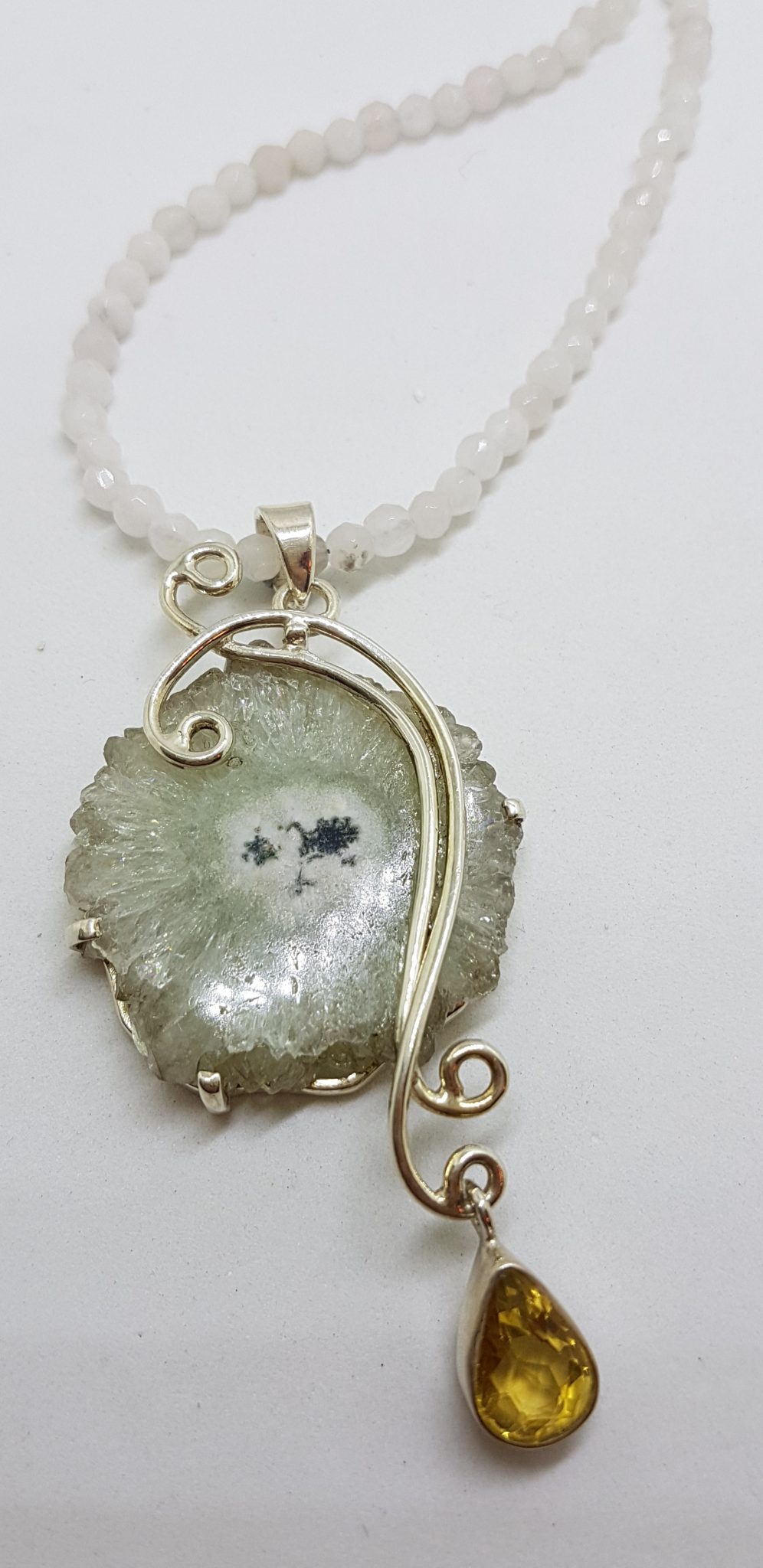 Sterling Silver Long Ornate Solar Quartz with Citrine Pendant on Silver Bead Chain