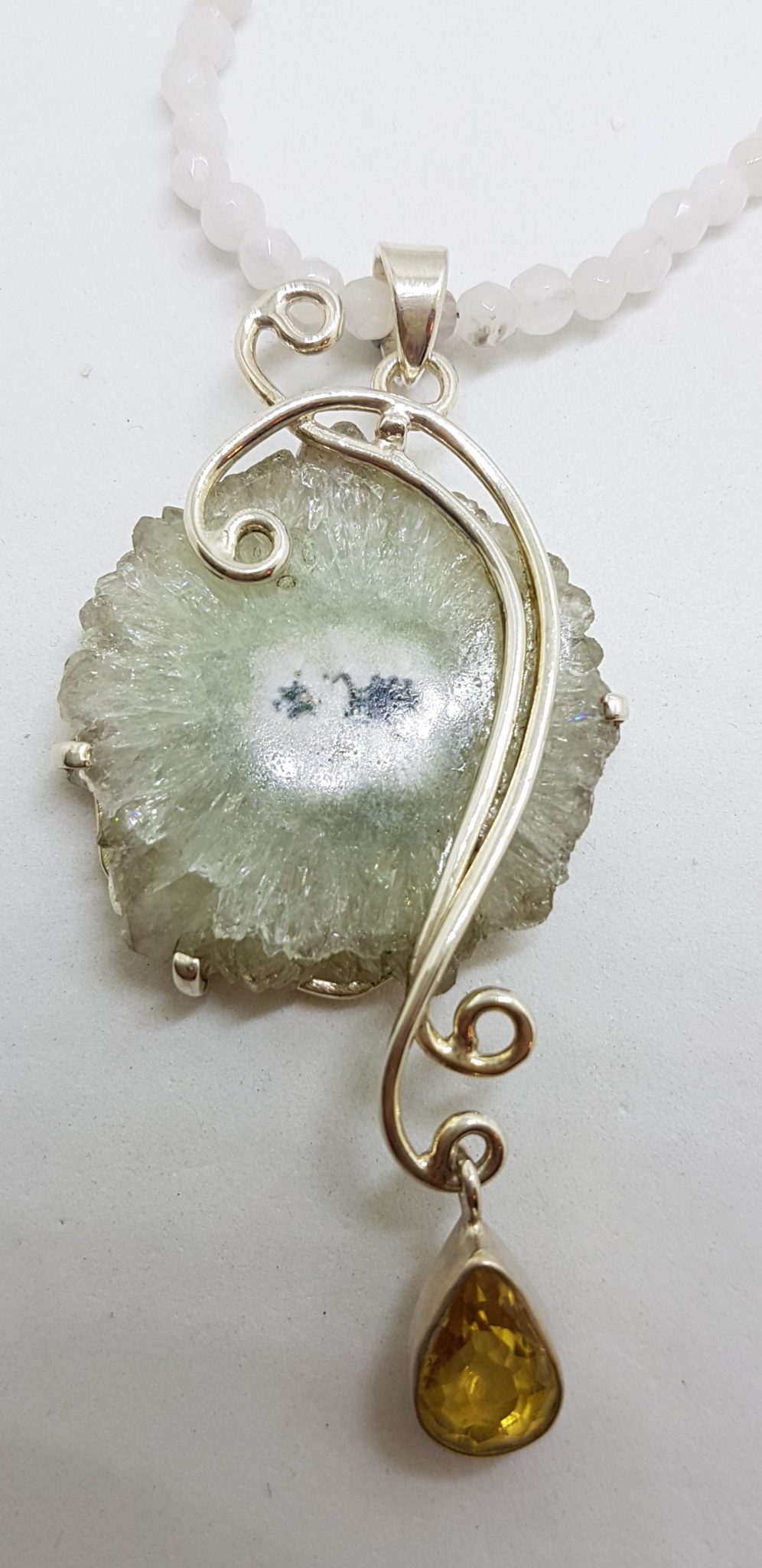 Sterling Silver Long Ornate Solar Quartz with Citrine Pendant on Silver Bead Chain