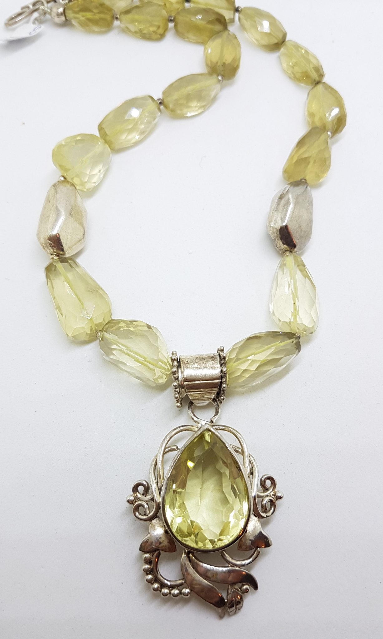Sterling Silver Large Chunky and Ornate Citrine Pendant on Bead Chain Necklace