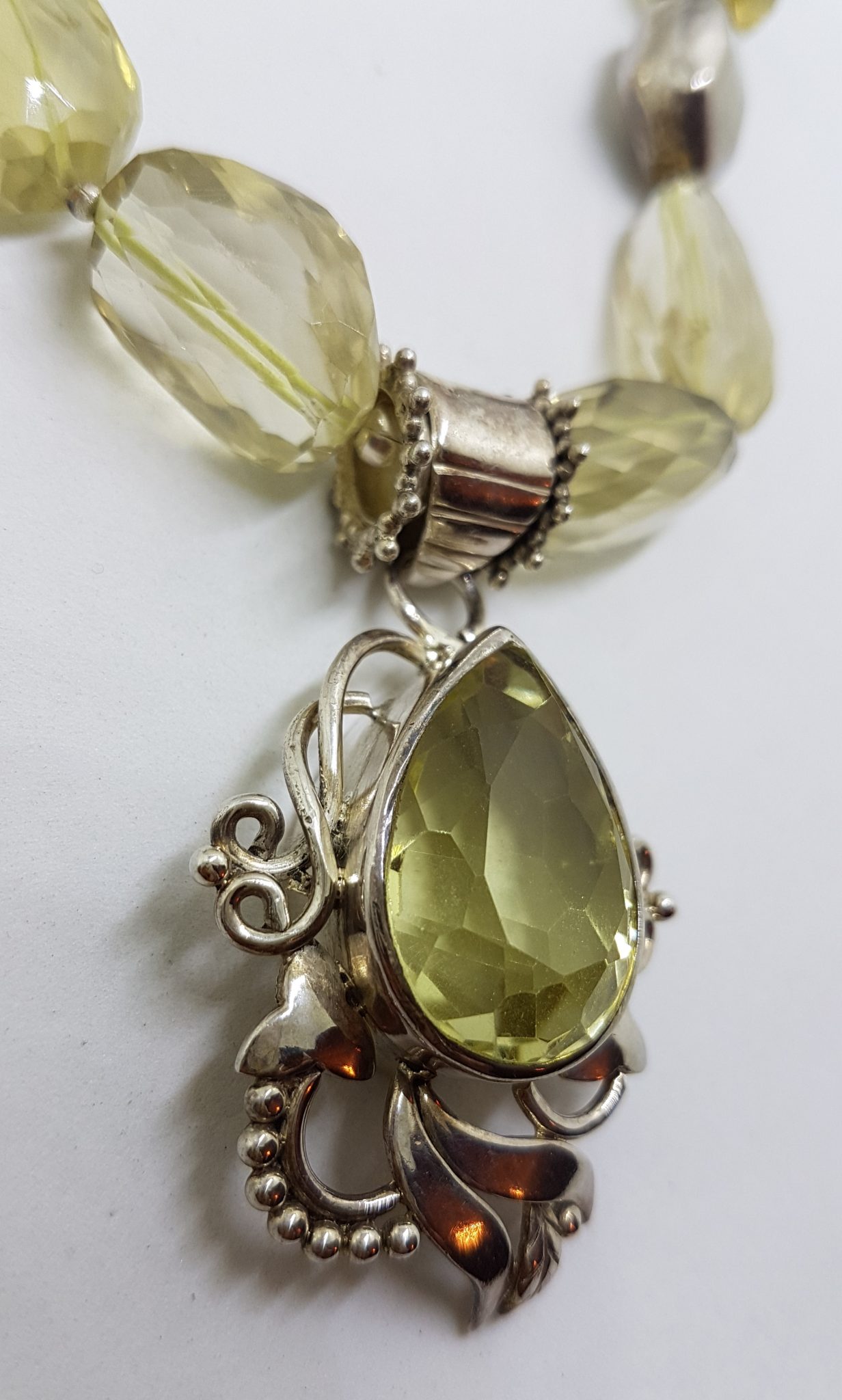 Sterling Silver Large Chunky and Ornate Citrine Pendant on Bead Chain Necklace