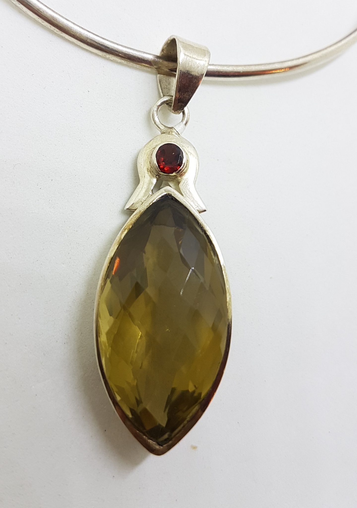 20200815_140208 Sterling Silver Long Marquis Shape Citrine with Garnet Pendant on Choker Necklace / Chain