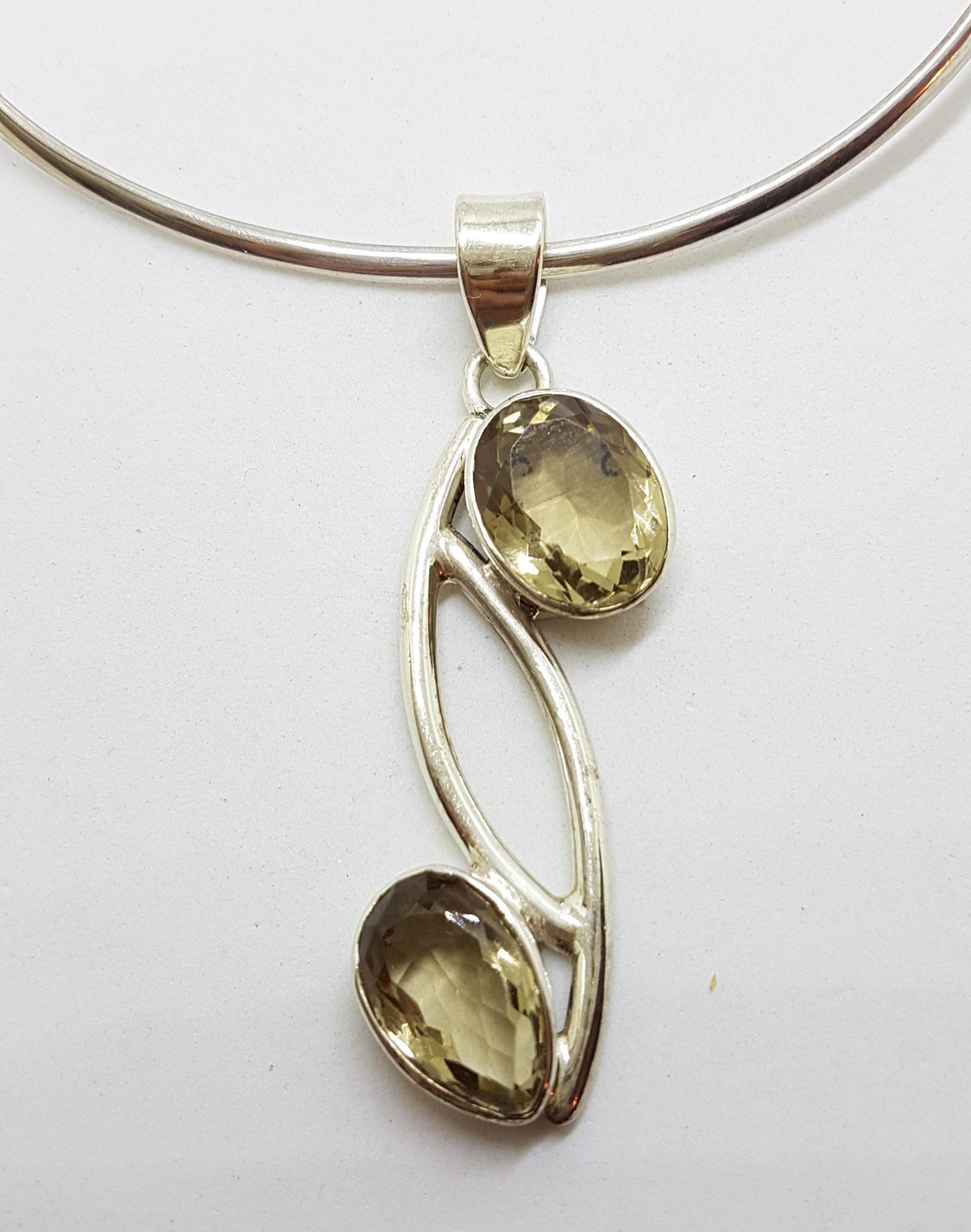 Sterling Silver Long Citrine Curved Pendant on Choker Necklace / Chain