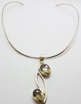 Sterling Silver Long Citrine Curved Pendant on Choker Necklace / Chain