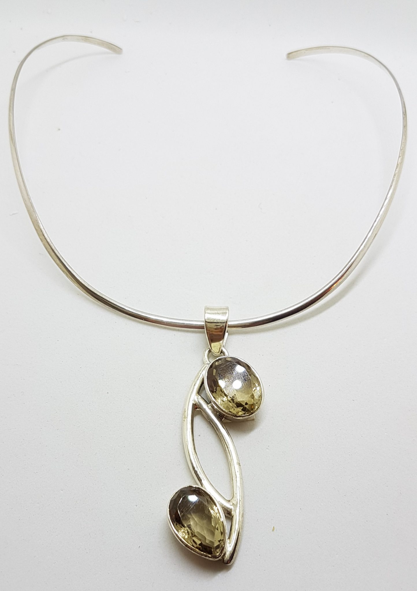 Sterling Silver Long Citrine Curved Pendant on Choker Necklace / Chain