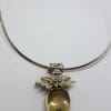 Sterling Silver Large Ornate Floral Top on Citrine Pendant on Silver Choker Chain / Necklace