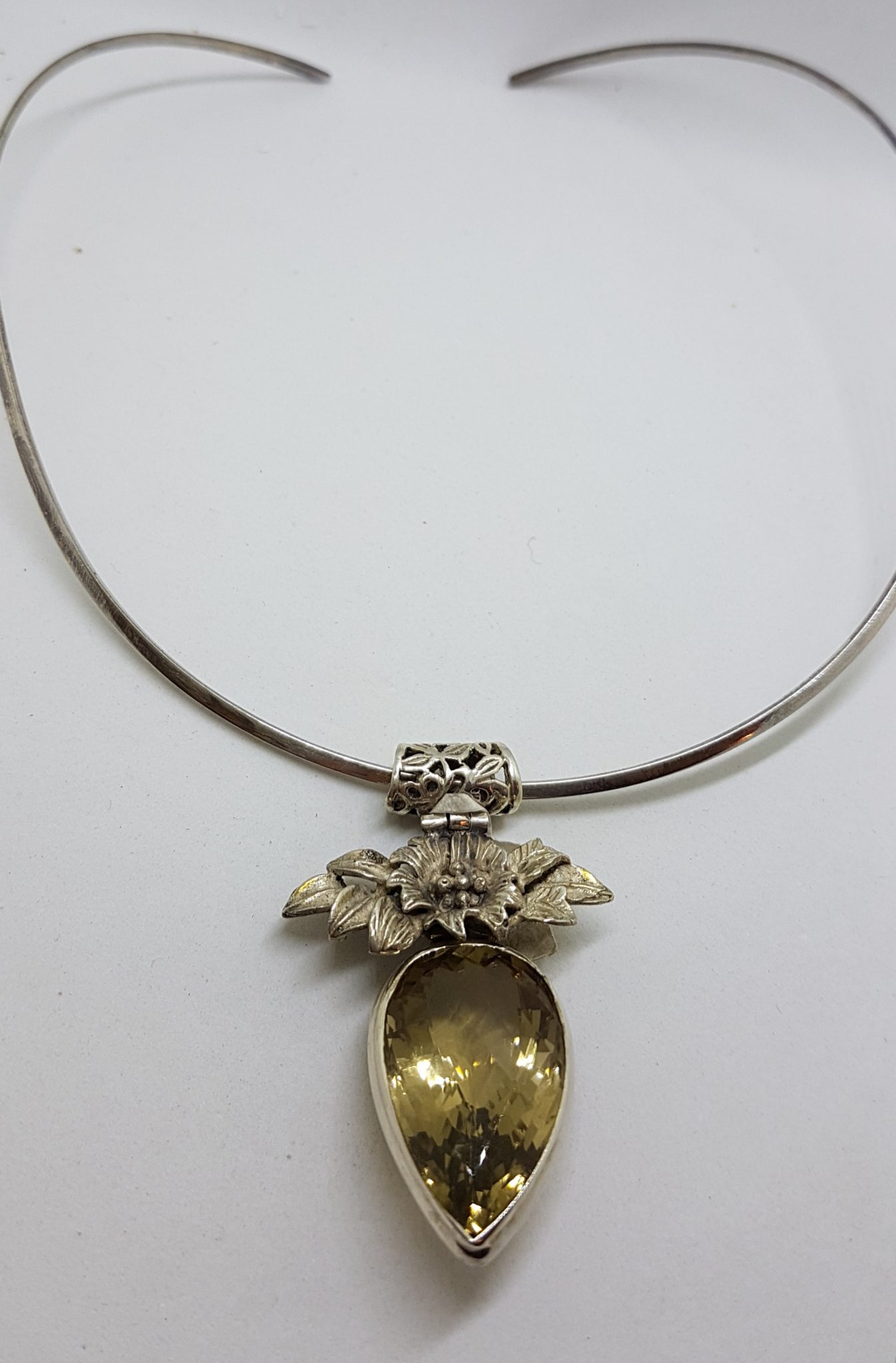 Sterling Silver Large Ornate Floral Top on Citrine Pendant on Silver Choker Chain / Necklace