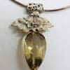 Sterling Silver Large Ornate Floral Top on Citrine Pendant on Silver Choker Chain / Necklace
