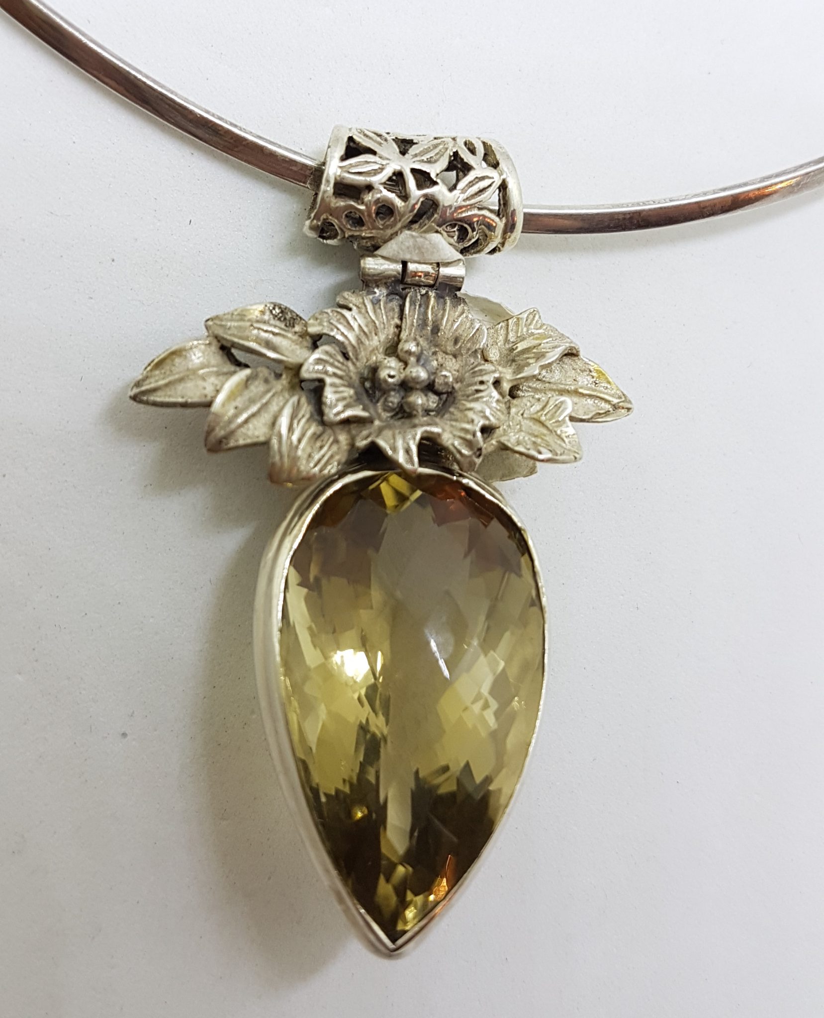 Sterling Silver Large Ornate Floral Top on Citrine Pendant on Silver Choker Chain / Necklace