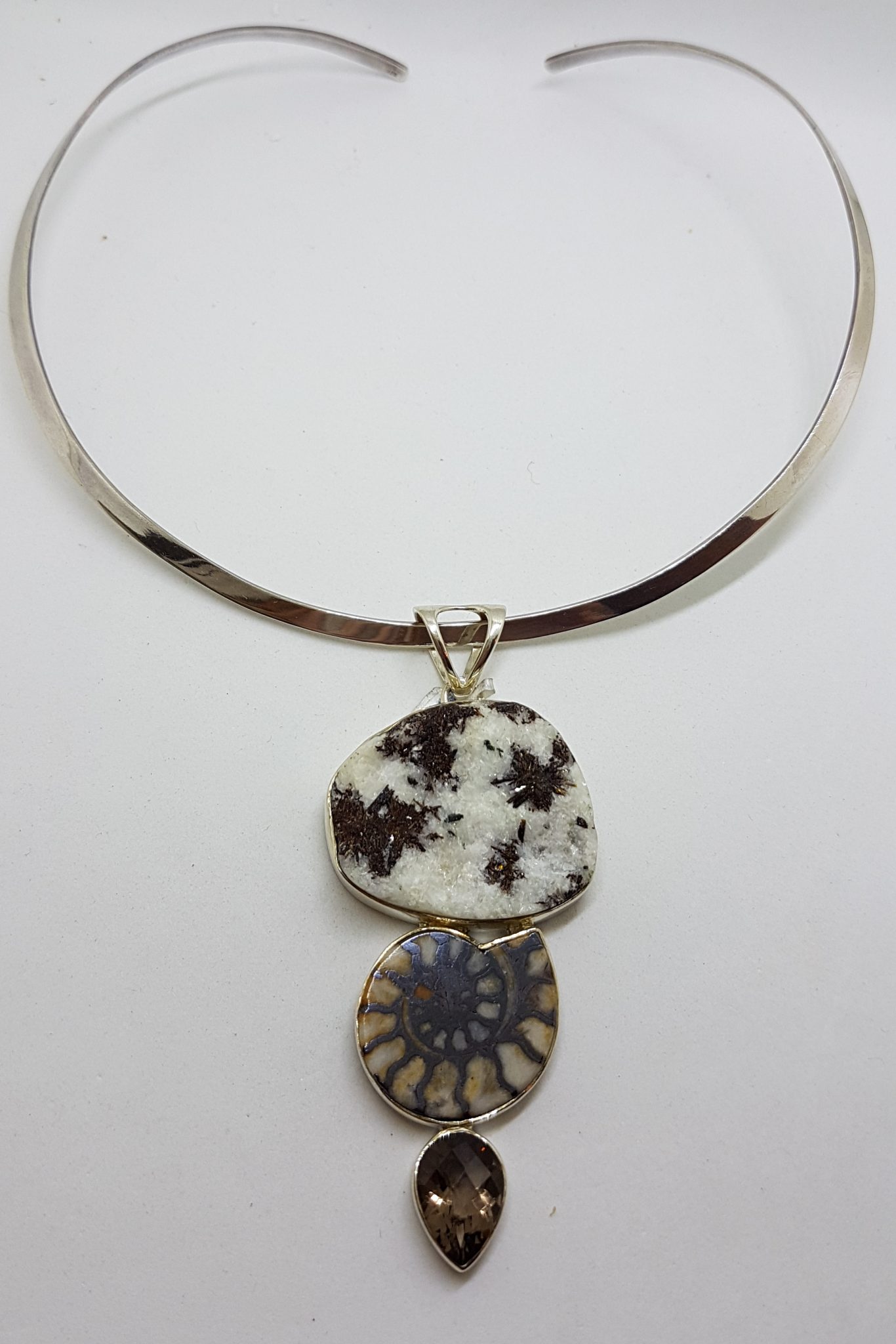 Sterling Silver Large Ammonite, Smokey Quartz and Astrophyllite Pendant on Silver Choker Chain / Necklace