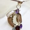 Sterling Silver Large Citrine. Pearl, Amethyst, Garnet and Topaz Pendant on Silver Choker Chain / Necklace
