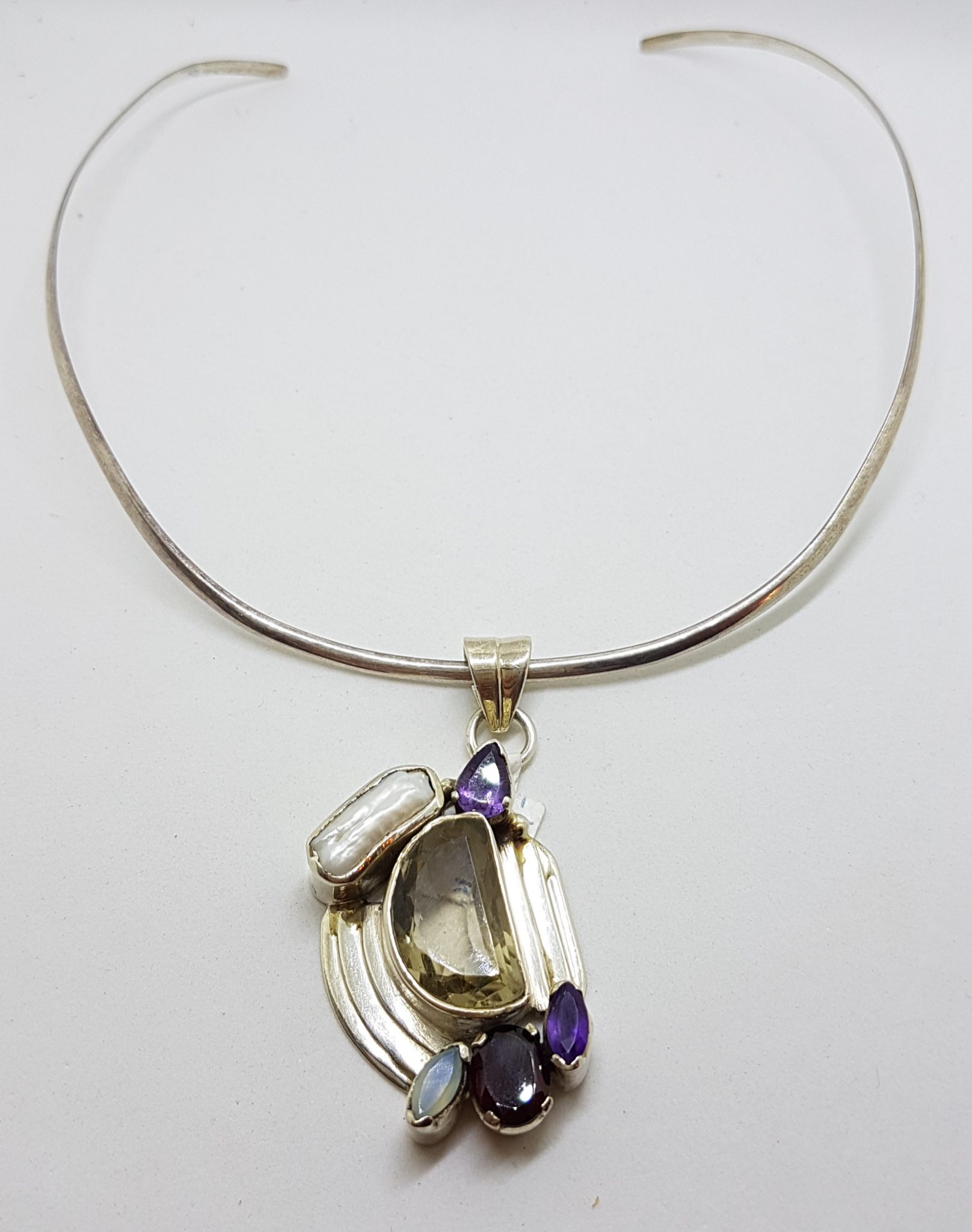 20200815_140601 Sterling Silver Large Citrine. Pearl, Amethyst, Garnet and Topaz Pendant on Silver Choker Chain / Necklace