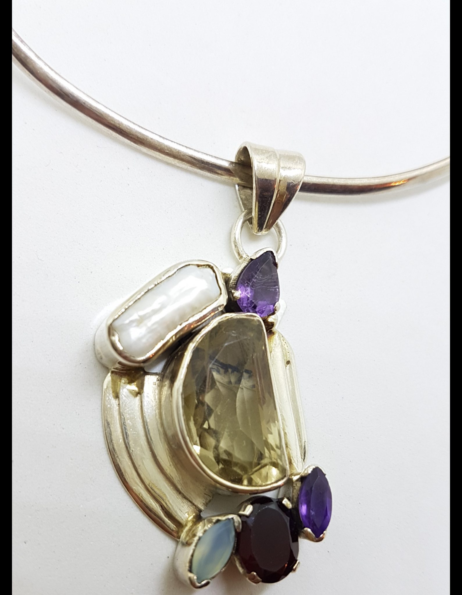 20200815_140618 Sterling Silver Large Citrine. Pearl, Amethyst, Garnet and Topaz Pendant on Silver Choker Chain / Necklace