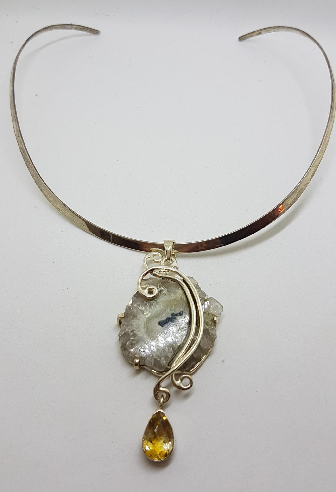 Sterling Silver Long Ornate Solar Quartz with Citrine Pendant on Silver Choker Chain / Necklace