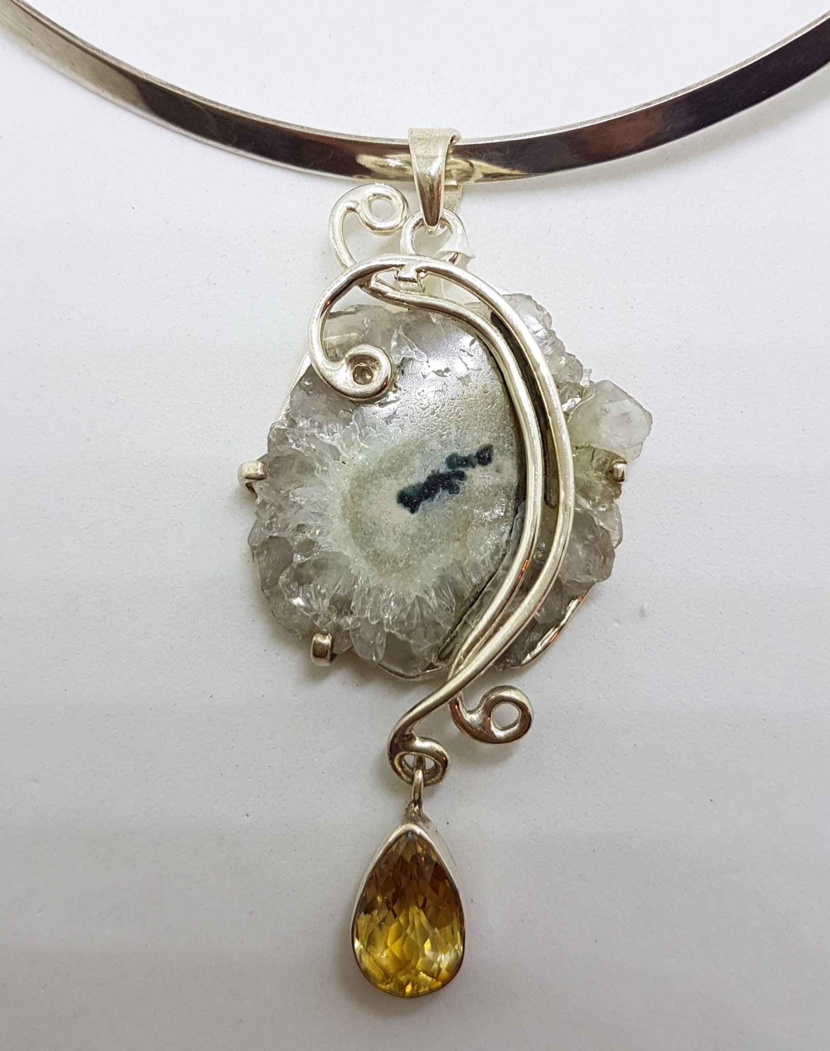 Sterling Silver Long Ornate Solar Quartz with Citrine Pendant on Silver Choker Chain / Necklace