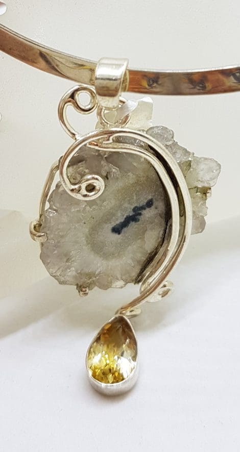 Sterling Silver Long Ornate Solar Quartz with Citrine Pendant on Silver Choker Chain / Necklace
