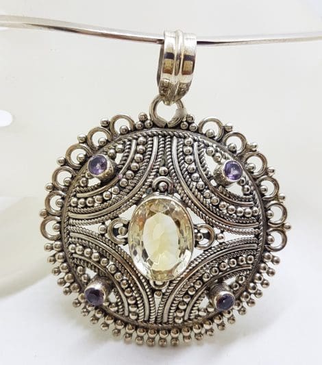 Sterling Silver Filigree / Ornate Round Citrine and Amethyst Pendant on Choker