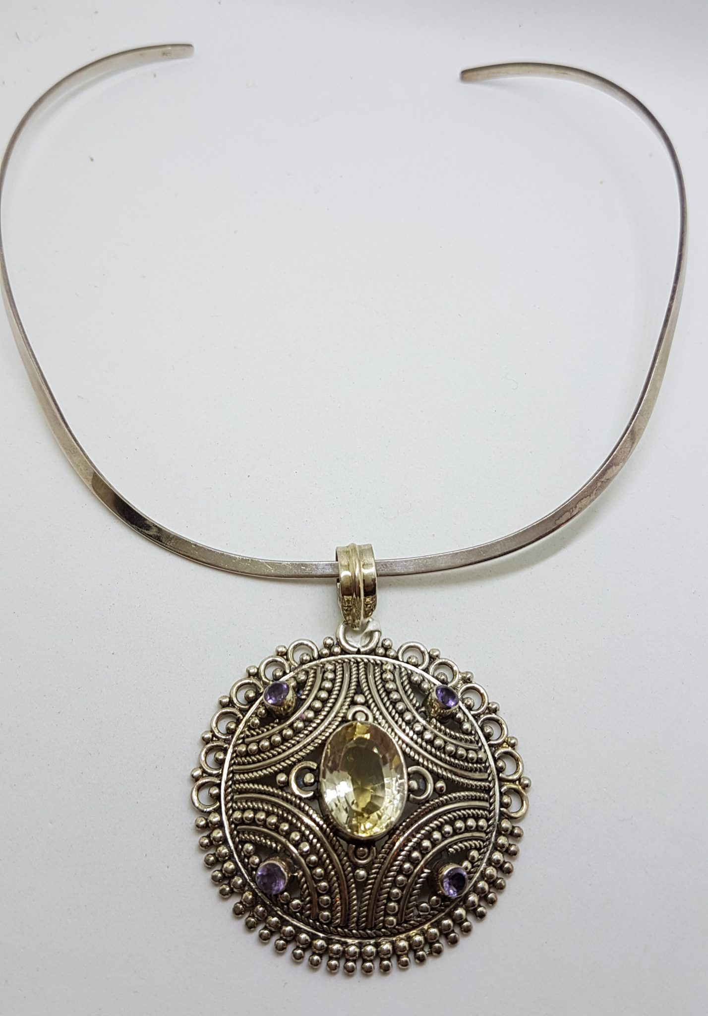 Sterling Silver Filigree / Ornate Round Citrine and Amethyst Pendant on Choker