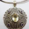 Sterling Silver Filigree / Ornate Round Citrine and Amethyst Pendant on Choker