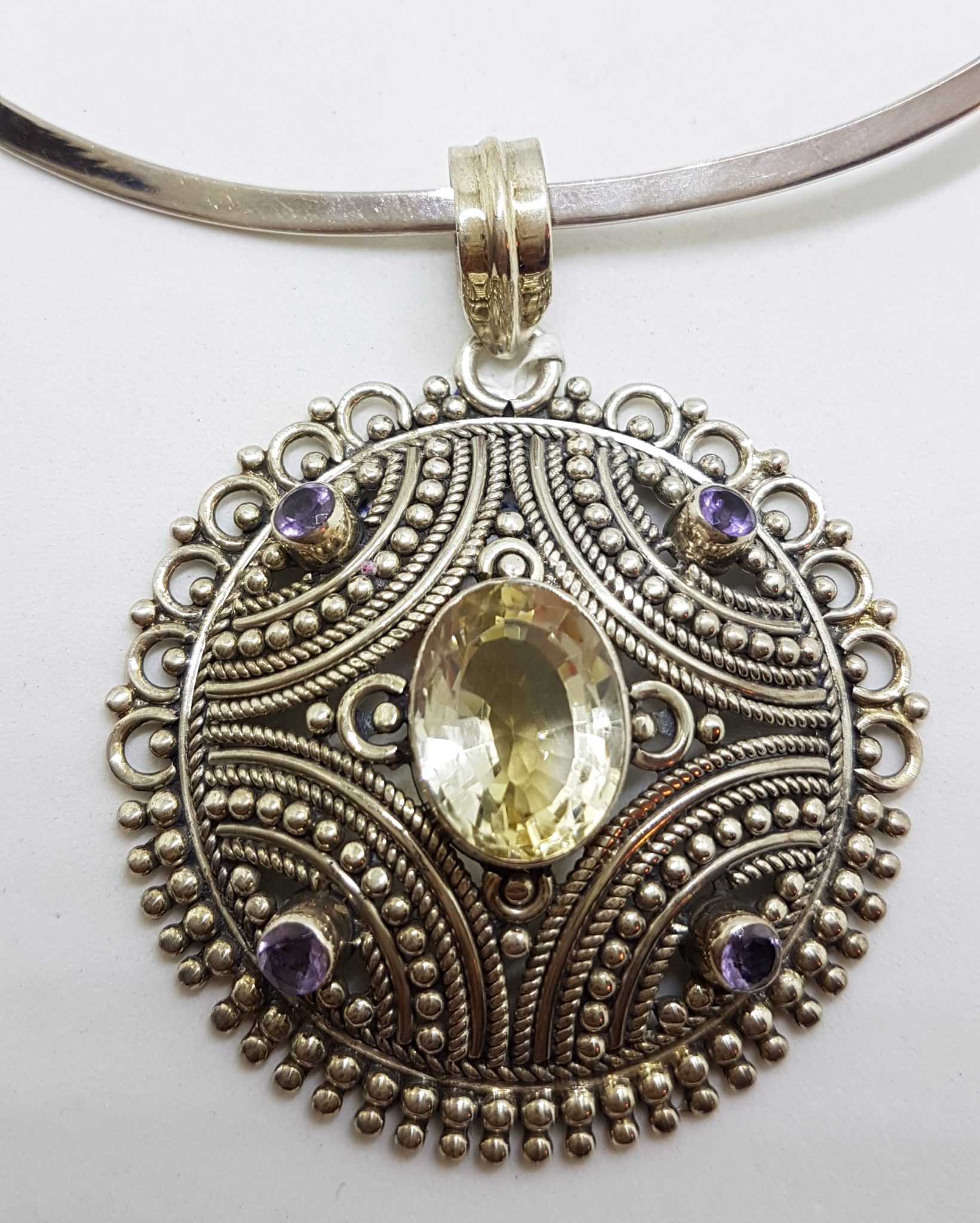 Sterling Silver Filigree / Ornate Round Citrine and Amethyst Pendant on Choker