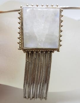 Sterling Silver Large Square Moonstone with Tassels Pendant on Choker / Chain