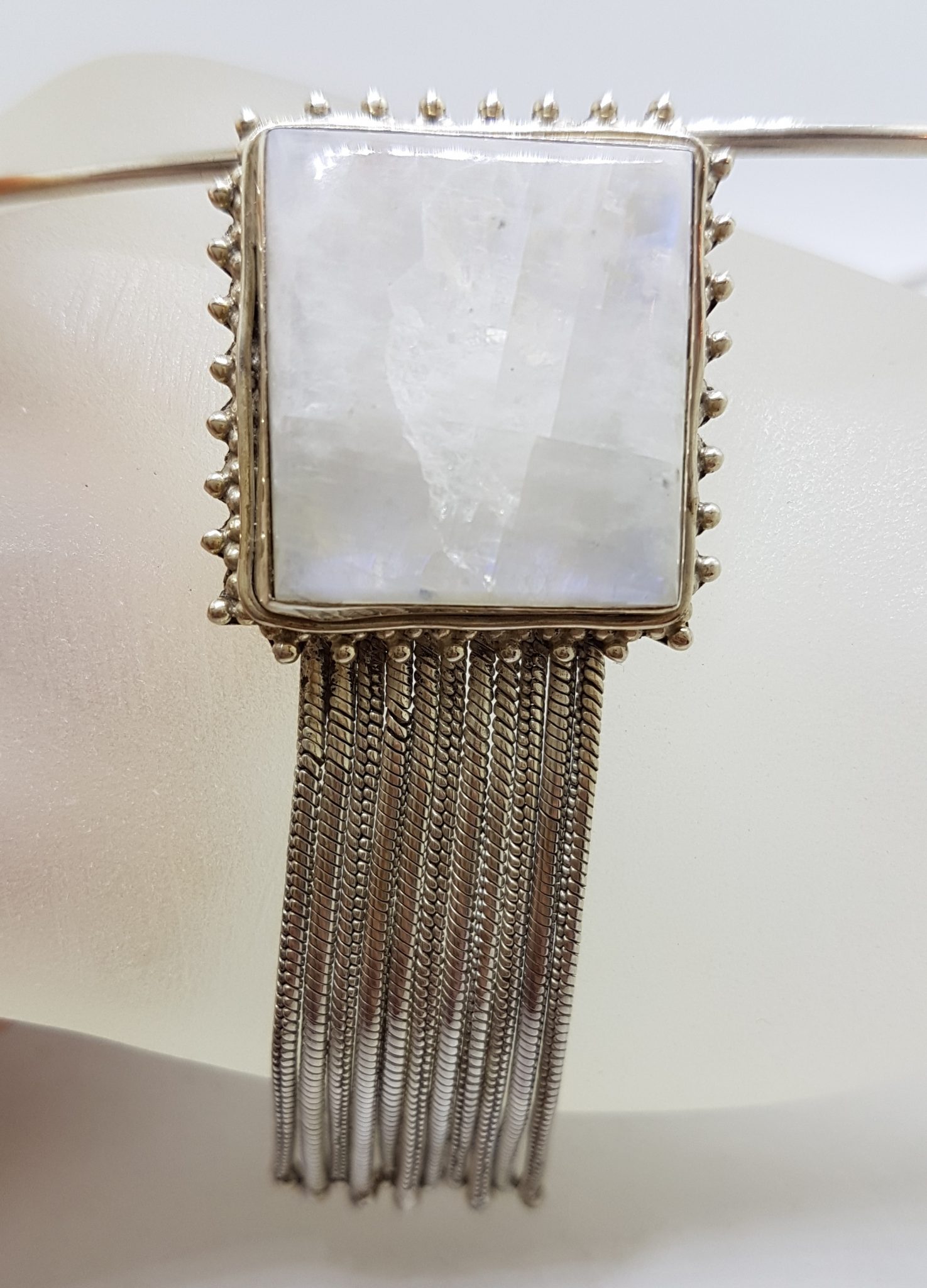 Sterling Silver Large Square Moonstone with Tassels Pendant on Choker / Chain