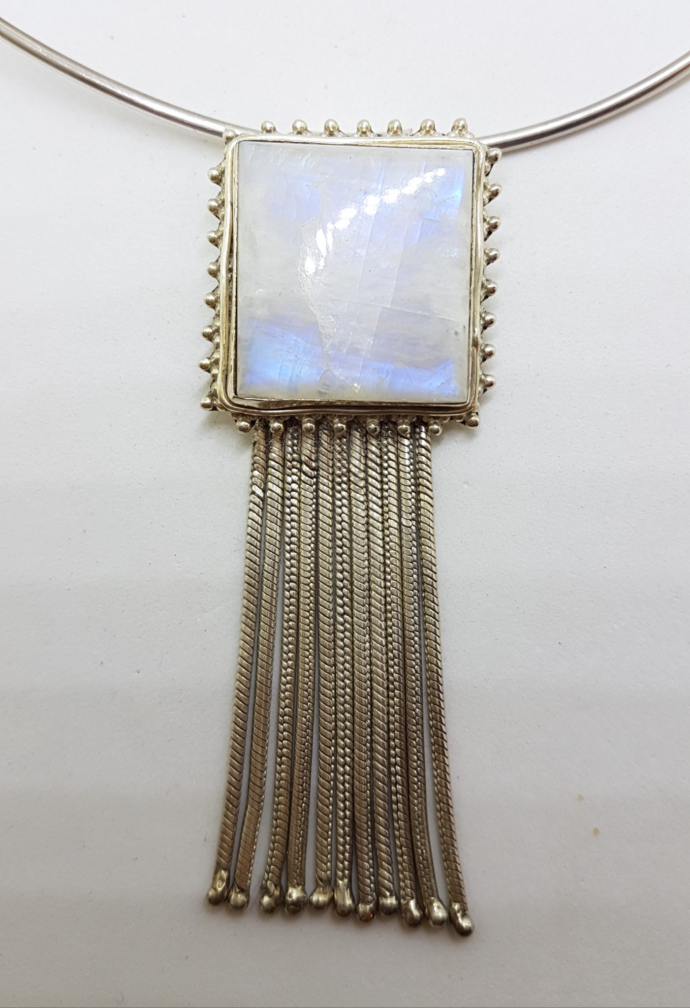 Sterling Silver Large Square Moonstone with Tassels Pendant on Choker / Chain
