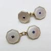 9ct Yellow Gold Octagonal Shape Mother of Pearl Blue and Black Stone Cufflinks - Vintage / Antique