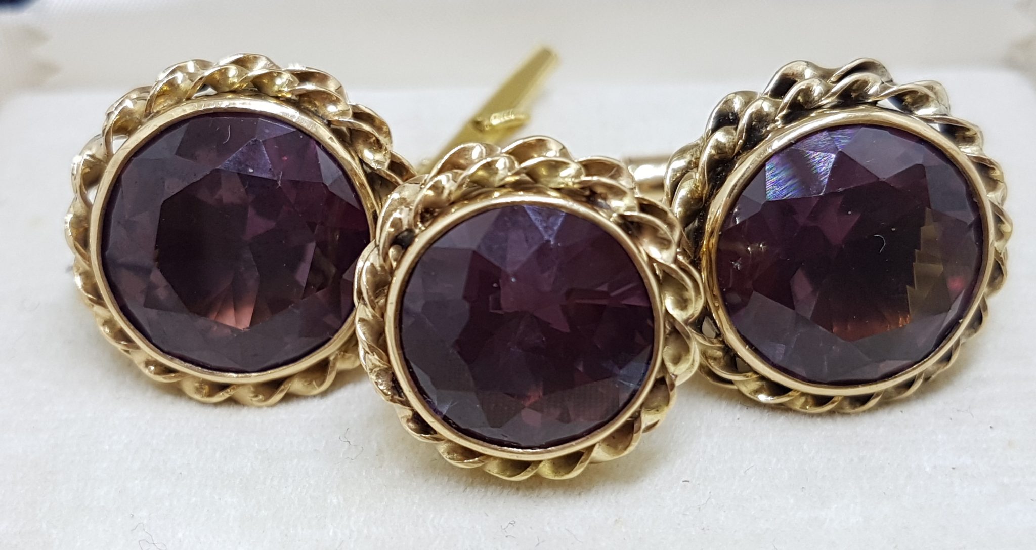 14ct Yellow Gold Large Round Purple Stone Cufflinks & Stud Set - Vintage / Antique