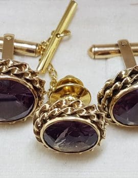 14ct Yellow Gold Large Round Purple Stone Cufflinks & Stud Set - Vintage / Antique