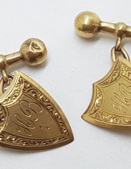 9ct Yellow Gold Initialled "H.B." Ornate Shield Shape Cufflinks - Vintage / Antique