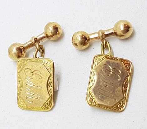 9ct Yellow Gold Initialled "W.V.B." Ornate Rectangular Shape Cufflinks - Vintage / Antique