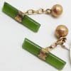 9ct Yellow Gold Ornate Rectangular Shape New Zealand Green Stone Jade Cufflinks - Vintage / Antique