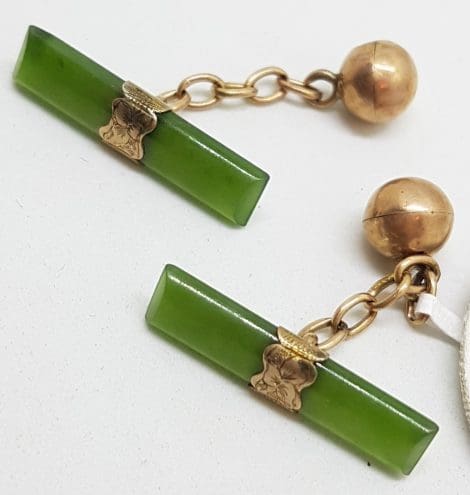 9ct Yellow Gold Ornate Rectangular Shape New Zealand Green Stone Jade Cufflinks - Vintage / Antique