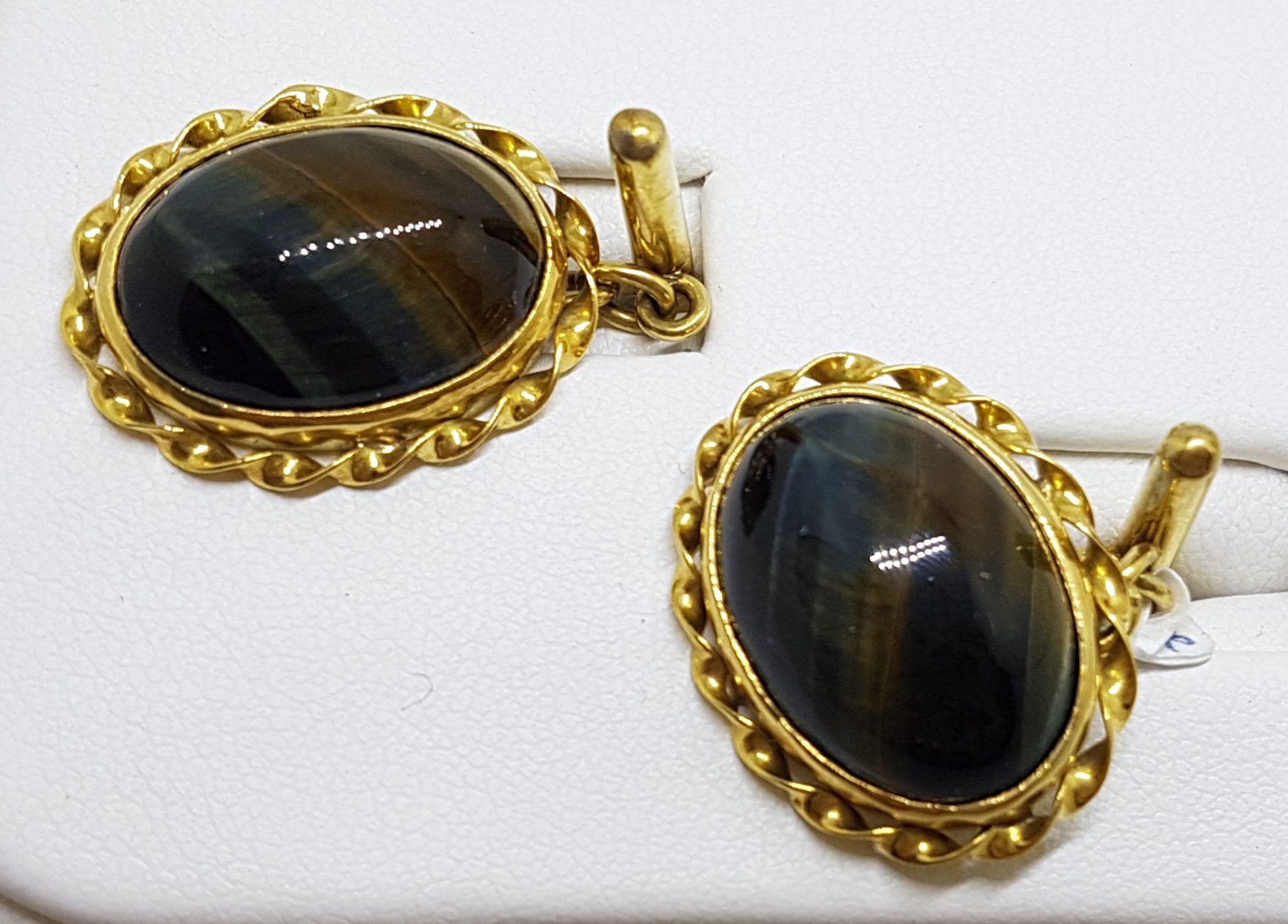 20200820_193638 18ct Yellow Gold Ornate Large Oval Blue Tiger Iron Cufflinks - Vintage / Antique