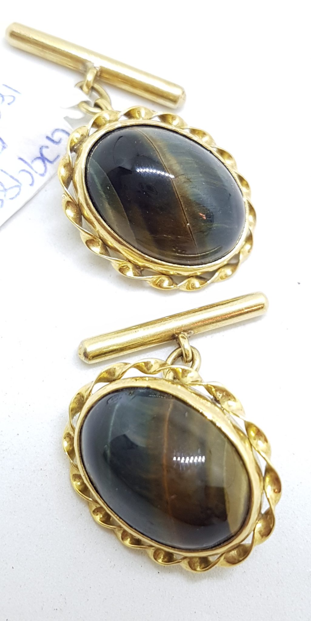 20200820_194454 18ct Yellow Gold Ornate Large Oval Blue Tiger Iron Cufflinks - Vintage / Antique