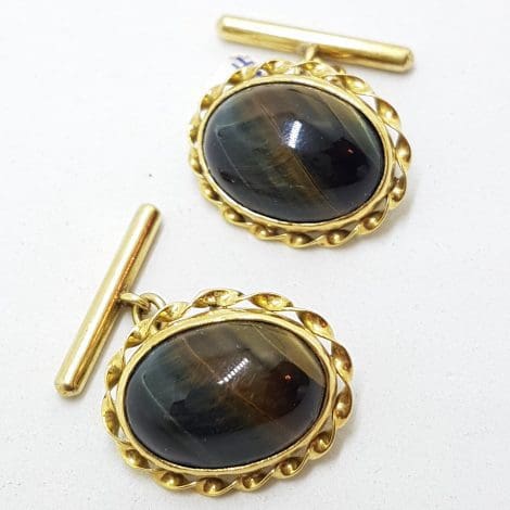 18ct Yellow Gold Ornate Large Oval Blue Tiger Iron Cufflinks - Vintage / Antique