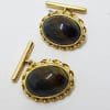 18ct Yellow Gold Ornate Large Oval Blue Tiger Iron Cufflinks - Vintage / Antique