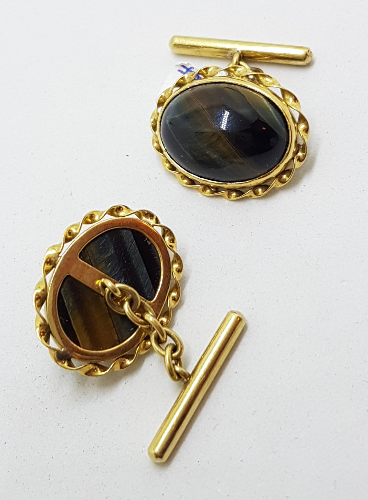 20200820_194558 18ct Yellow Gold Ornate Large Oval Blue Tiger Iron Cufflinks - Vintage / Antique