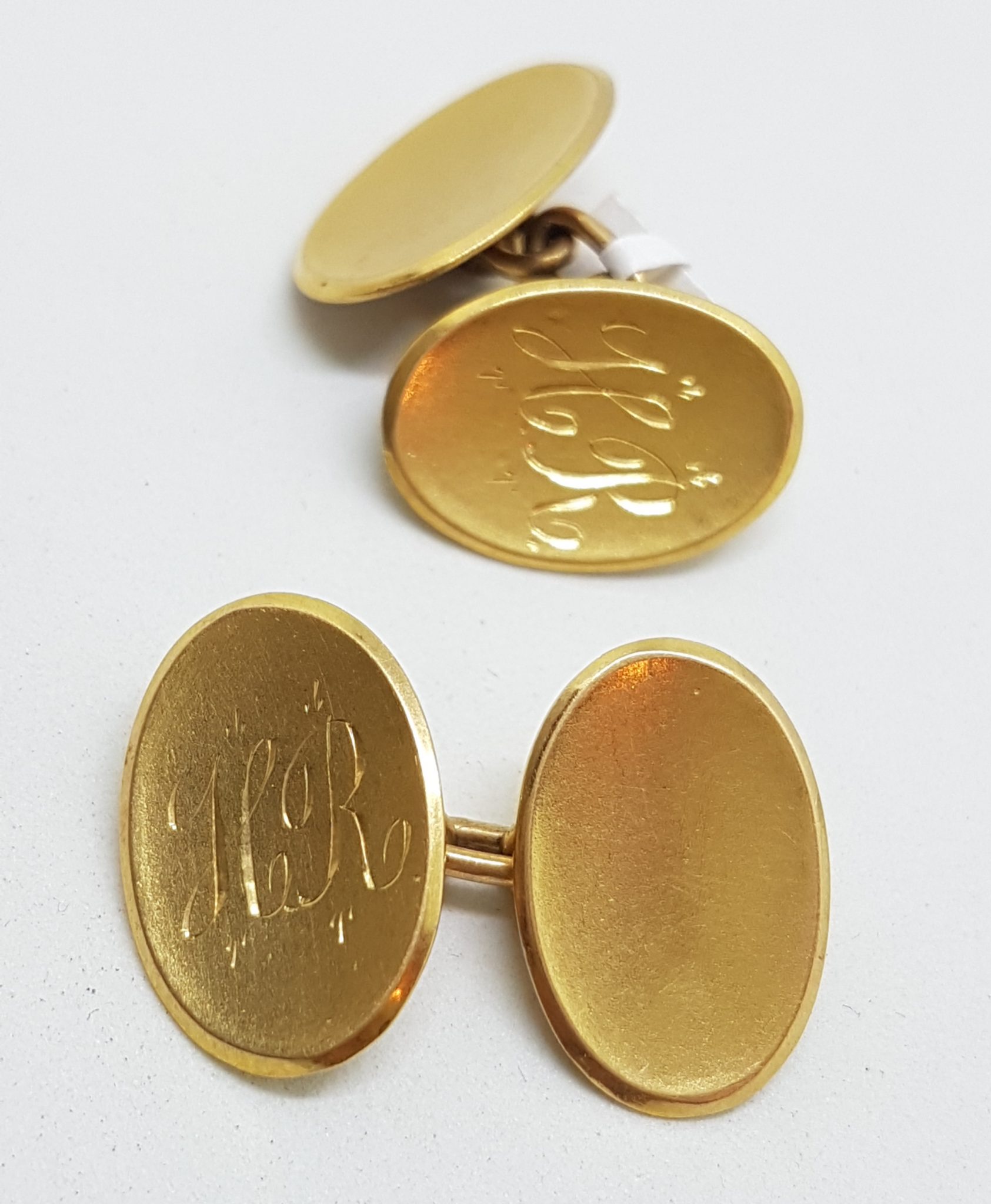 15ct Yellow Gold Initialled "H.R." Oval Cufflinks - Vintage / Antique