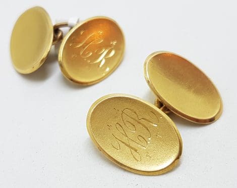 15ct Yellow Gold Initialled "H.R." Oval Cufflinks - Vintage / Antique