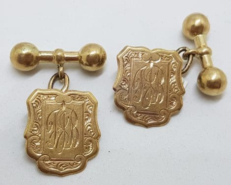 9ct Yellow Gold Initialled "F.J.B." Shield Cufflinks - Vintage / Antique