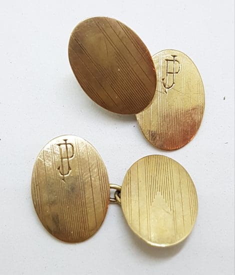 9ct Yellow Gold Initialled "J.P." Oval Cufflinks - Vintage / Antique