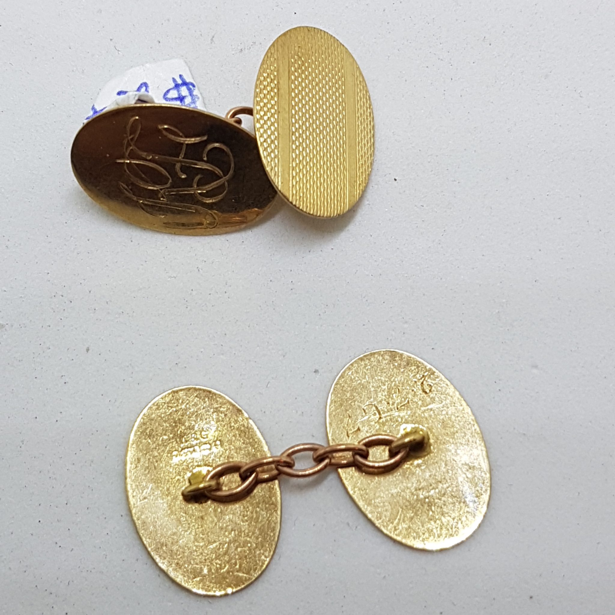 20200820_195238 9ct Yellow Gold Initialled "H.F.." Oval Cufflinks - Vintage / Antique