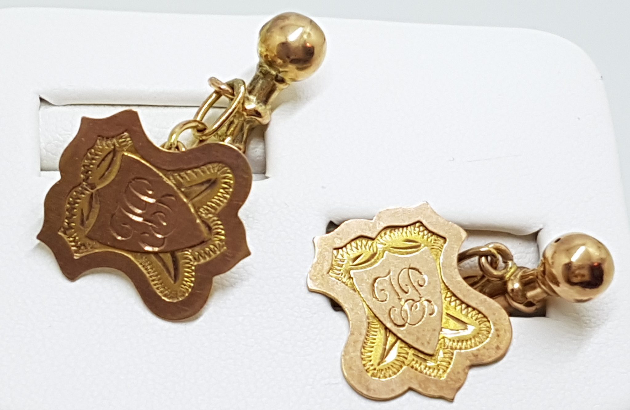 9ct Rose Gold Initialled "I.P" Shield Shape Cufflinks - Vintage / Antique