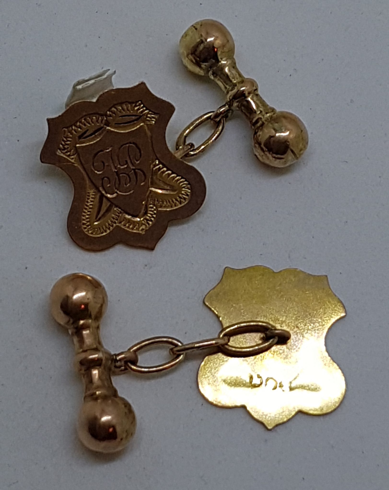 9ct Rose Gold Initialled "I.P" Shield Shape Cufflinks - Vintage / Antique