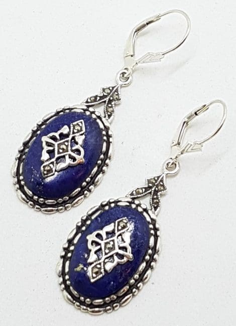 Sterling Silver Ornate Oval Lapis Lazuli and Marcasite Drop Earrings