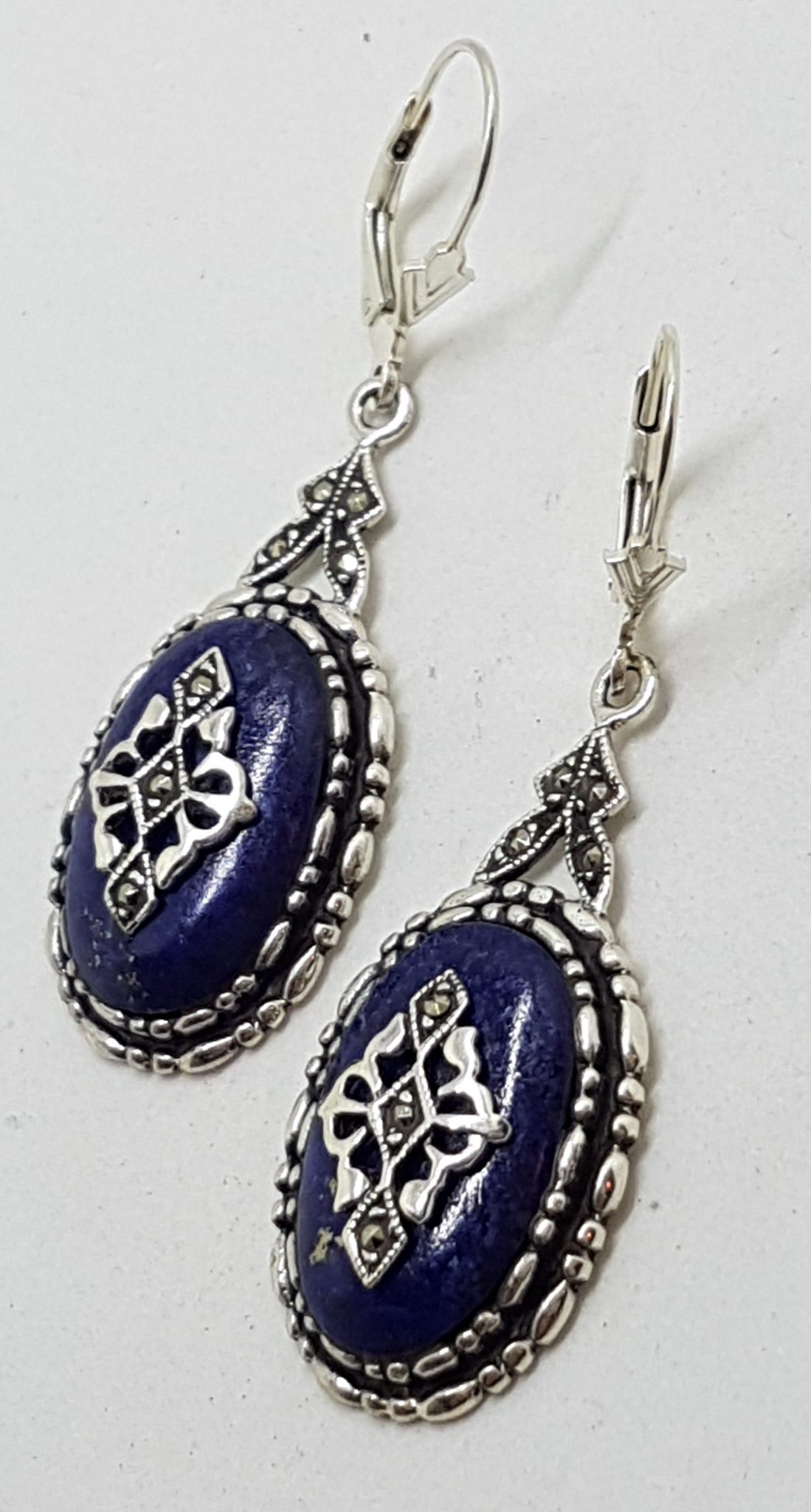 Sterling Silver Ornate Oval Lapis Lazuli and Marcasite Drop Earrings