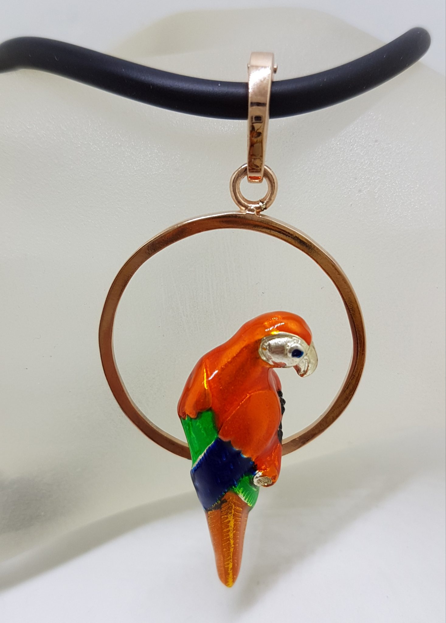 Sterling Silver Rose Gold Plated Enamel Large Parrot Pendant on Neoprene Necklace